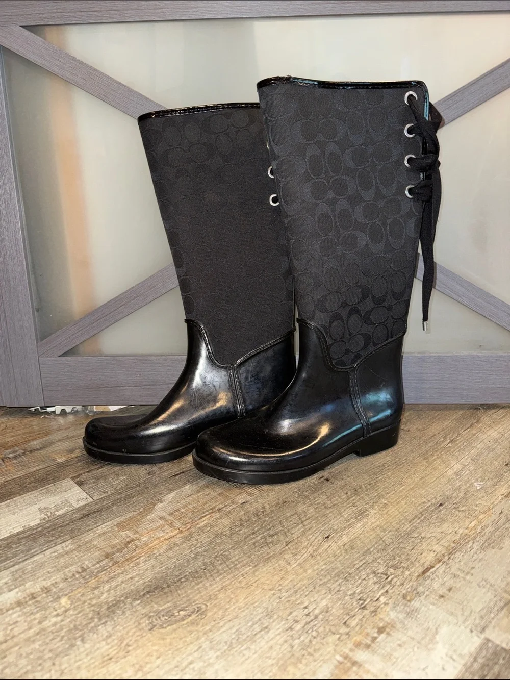 Coach TristeeTall Black Signature Lace-Up Rain Boots